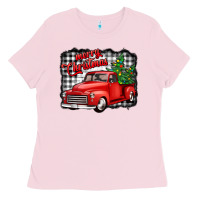 Bubblegum Pink merry christmas red truck christmas trees Ladies Tee - Jasminsmagicworld