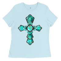 Baby Blue western turquoise gemstone cross Ladies Tee - BarkalooDesign