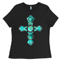 Black western turquoise gemstone cross Ladies Tee - BarkalooDesign
