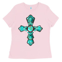 Bubblegum Pink western turquoise gemstone cross Ladies Tee - BarkalooDesign