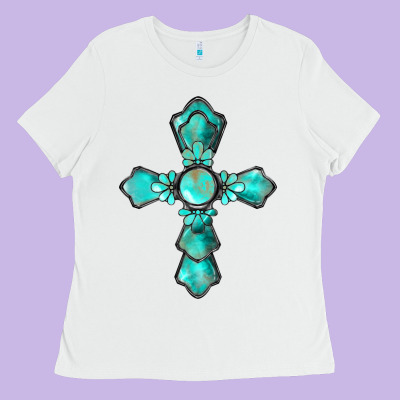Western Turquoise Gemstone Cross Ladies Tee Designed By Barkaloodesign