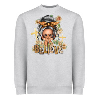 Heather Grey Silver White Believe Praying Caucasian Messy Bun Heavyweight Sweatshirt - texasbilliewilder