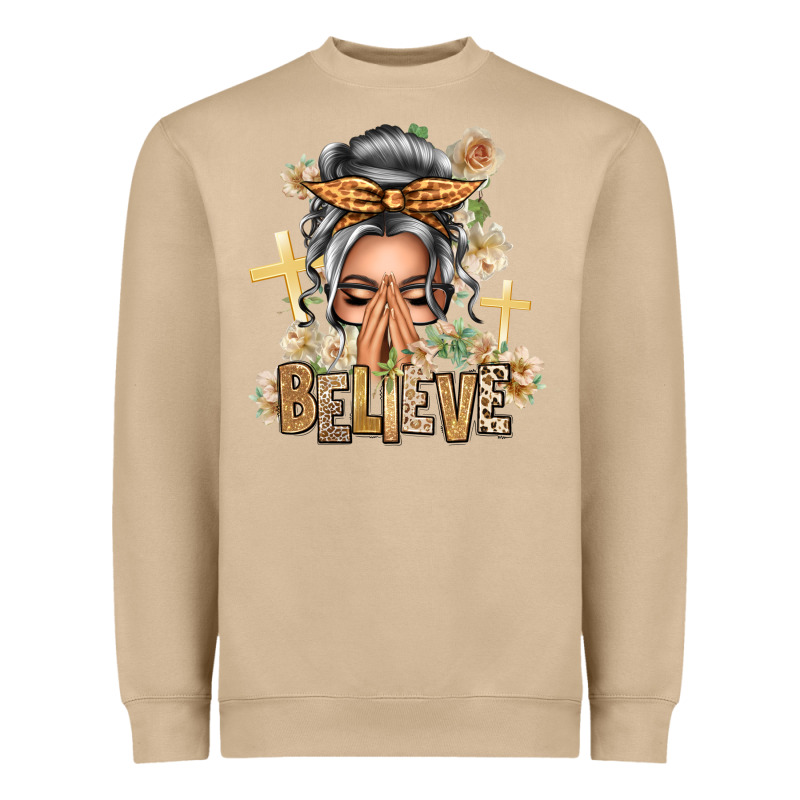 Silver White Believe Praying Caucasian Messy Bun Heavyweight Sweatshirt by texasbilliewilder | Teevron