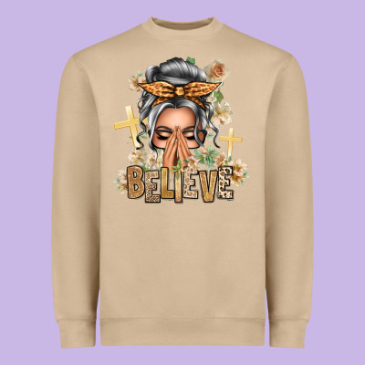Silver White Believe Praying Caucasian Messy Bun Heavyweight Sweatshirt Designed By Texasbilliewilder