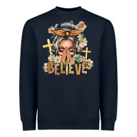 Navy Silver White Believe Praying Caucasian Messy Bun Heavyweight Sweatshirt - texasbilliewilder