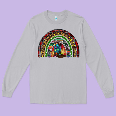 Christmas Cowboy Boots Rainbow Long Sleeve Tee Designed By Ranaportraitstore