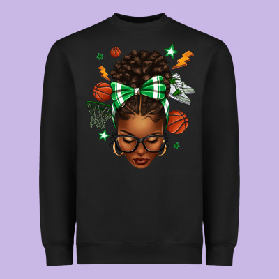 Afro Messy Bun Basketball Green Bow Heavyweight Sweatshirt Designed By Texasbilliewilder