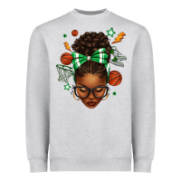 Heather Grey Afro Messy Bun Basketball Green Bow Heavyweight Sweatshirt - texasbilliewilder