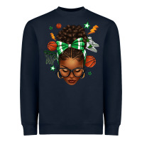 Navy Afro Messy Bun Basketball Green Bow Heavyweight Sweatshirt - texasbilliewilder