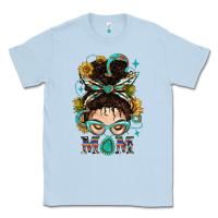 Dusty Blue Western Messy Bun Mom With Sunflower Classic Tee - BundleAndBundleShop