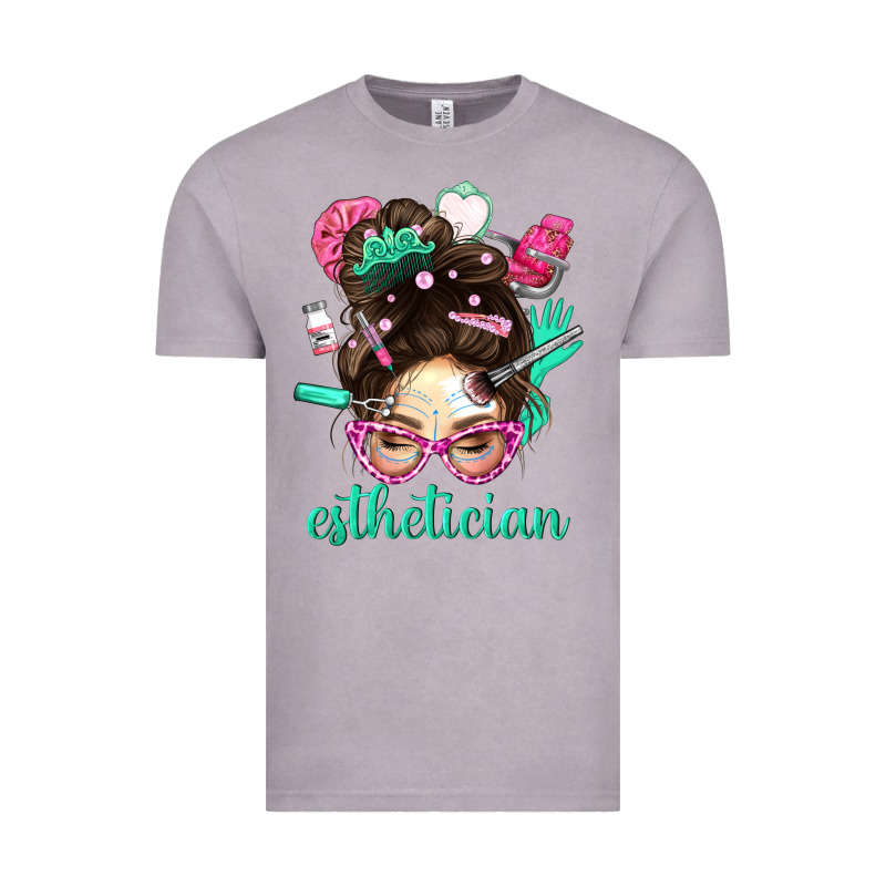 Esthetician Messy Bun With Pink Leopard Glasses Bbs Vintage Tee by BundleAndBundleShop | Teevron