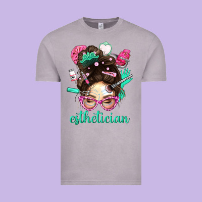 Esthetician Messy Bun With Pink Leopard Glasses Bbs Vintage Tee Designed By Bundleandbundleshop