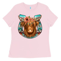 Bubblegum Pink highland cow serape floral headband horseshoe Ladies Tee - Jasminsmagicworld