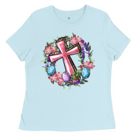Cross With Floral Wreath And Easter Eggs Ladies Tee | Teevron