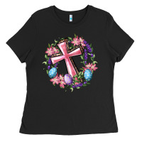 Black Cross With Floral Wreath And Easter Eggs Ladies Tee - RanaPortraitStore