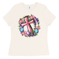 Bone Cross With Floral Wreath And Easter Eggs Ladies Tee - RanaPortraitStore