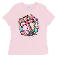 Bubblegum Pink Cross With Floral Wreath And Easter Eggs Ladies Tee - RanaPortraitStore