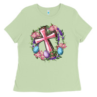 Matcha Cross With Floral Wreath And Easter Eggs Ladies Tee - RanaPortraitStore