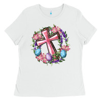 White Cross With Floral Wreath And Easter Eggs Ladies Tee - RanaPortraitStore