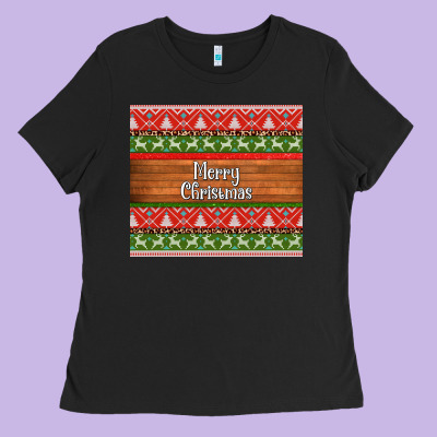 Merry Christmas Knitted Reindeer Pattern Ladies Tee Designed By Jasminsmagicworld