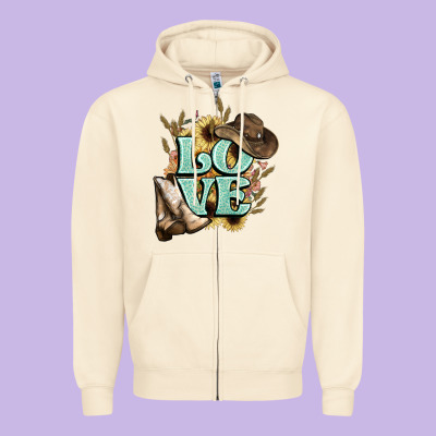Love Boots Hat Western Cowboy Zipper Hoodie Designed By Howdyjamesfarm
