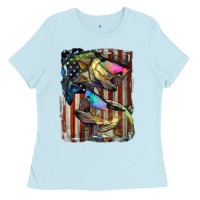 Baby Blue American Flag With Bass Fish Ladies Tee - LillyAllenDesigns