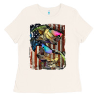 Bone American Flag With Bass Fish Ladies Tee - LillyAllenDesigns