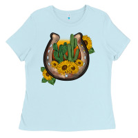 Baby Blue western horseshoe sunflower cactus Ladies Tee - BarkalooDesign