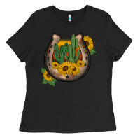 Black western horseshoe sunflower cactus Ladies Tee - BarkalooDesign