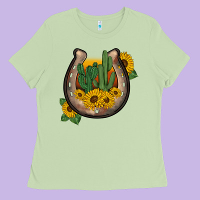Western Horseshoe Sunflower Cactus Ladies Tee Designed By Barkaloodesign