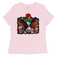 Bubblegum Pink christmas black and white baby cow Ladies Tee - BarkalooDesign