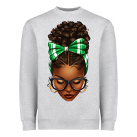Heather Grey Afro Messy Bun Green and White Bow Heavyweight Sweatshirt - texasbilliewilder