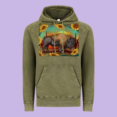 Western Bison With Sunset Background Vintage Hoodie Designed By Ranaportraitstore