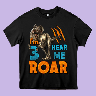 I'm Three Hear Me Roar Dinosaur Birthday Heavy Core Tee Designed By Lillyallendesigns