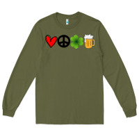 Army Green Funny St Patricks Day Love Peace Clover and Beer Long Sleeve Tee - Bettercallsaul
