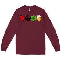 Burgundy Funny St Patricks Day Love Peace Clover and Beer Long Sleeve Tee - Bettercallsaul