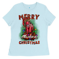 Baby Blue merry clucking christmas rooster Ladies Tee - BarkalooDesign