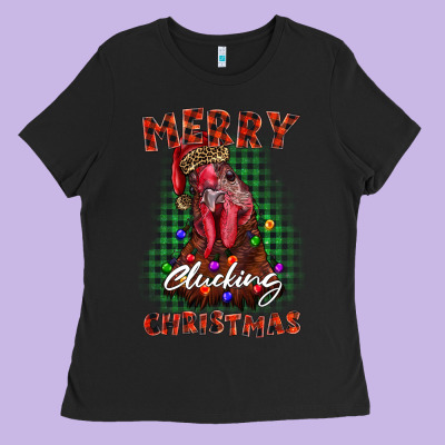 Merry Clucking Christmas Rooster Ladies Tee Designed By Barkaloodesign