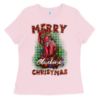 Bubblegum Pink merry clucking christmas rooster Ladies Tee - BarkalooDesign
