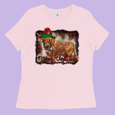 Merry Christmas Highland Cow Ladies Tee Designed By Barkaloodesign