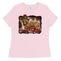 Bubblegum Pink merry christmas highland cow Ladies Tee - BarkalooDesign