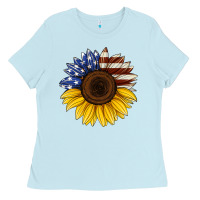Baby Blue american flag sunflower Ladies Tee - Jasminsmagicworld
