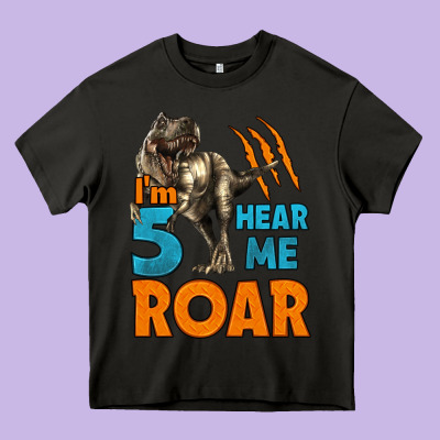 I'm Five Hear Me Roar Dinosaur Birthday Heavy Core Tee Designed By Lillyallendesigns