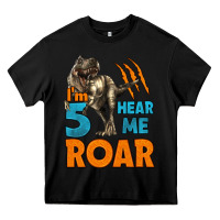 Black i'm five hear me roar dinosaur birthday Heavy Core Tee - LillyAllenDesigns