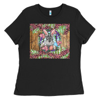 Black Easter bunny with floral wreath and leopard Ladies Tee - RanaPortraitStore