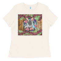 Bone Easter bunny with floral wreath and leopard Ladies Tee - RanaPortraitStore