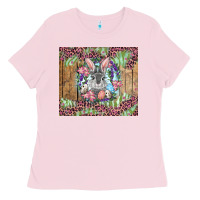 Bubblegum Pink Easter bunny with floral wreath and leopard Ladies Tee - RanaPortraitStore