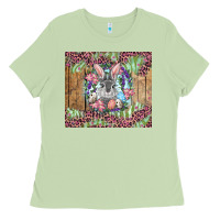 Matcha Easter bunny with floral wreath and leopard Ladies Tee - RanaPortraitStore