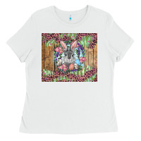 White Easter bunny with floral wreath and leopard Ladies Tee - RanaPortraitStore