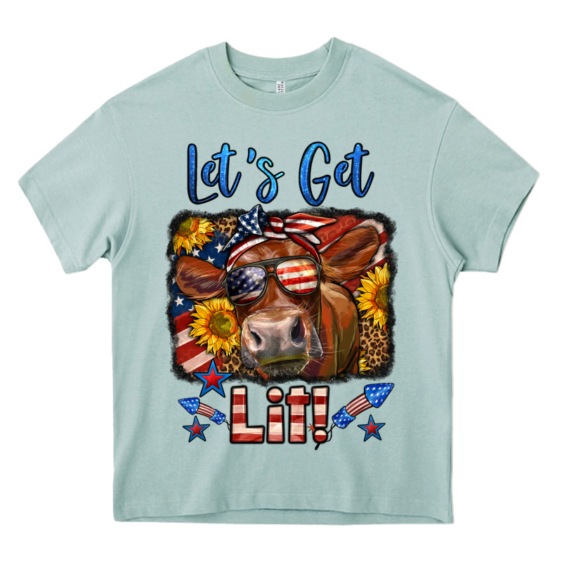 Let's Get Lit 4th Of July Cow Heavy Core Tee by LillyAllenDesigns | Teevron